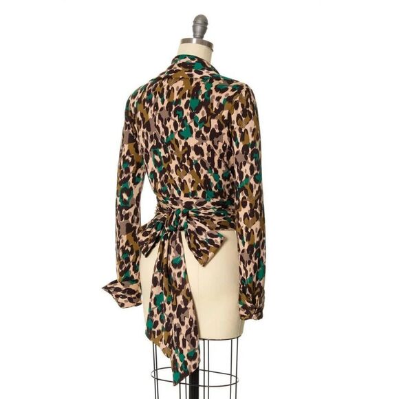 DIANE VON FURSTENBERG Top SZ 6 Vintage Silk Jersey Leopard Animal Print 70s Wrap - Picture 6 of 14